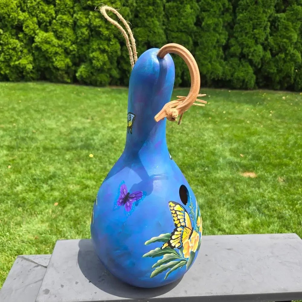 Handpainted Butterfly Hanging Gourd Birdhouse Blue Yellow Green Purple 16